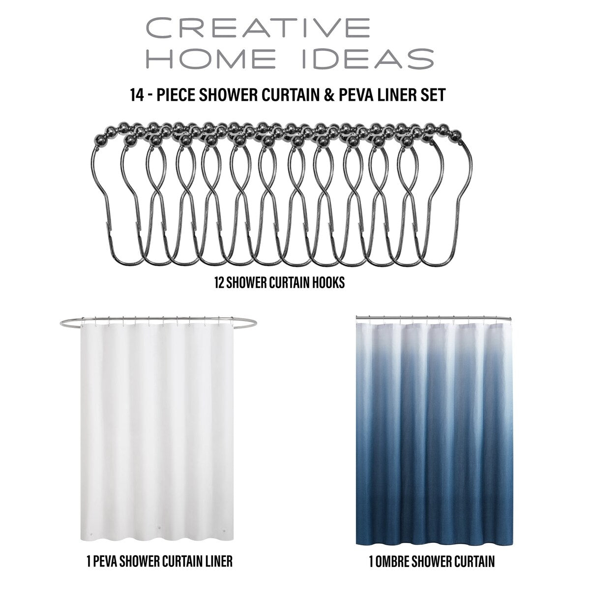 Set da bagno/doccia da 14 pezzi - Tenda da doccia sfumata, ganci e rivestimento in PEVA