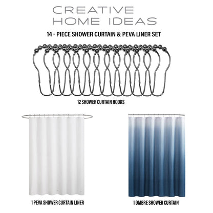 Set da bagno/doccia da 14 pezzi - Tenda da doccia sfumata, ganci e rivestimento in PEVA