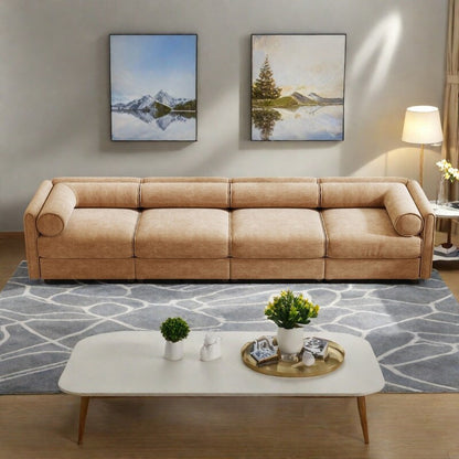 Divano componibile modulare in ciniglia a 4 posti con contenitore e schienale cilindrico da 142,5