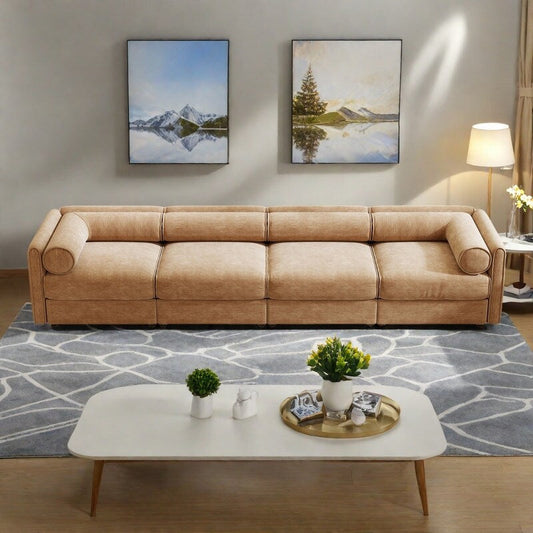 Divano componibile modulare in ciniglia a 4 posti con contenitore e schienale cilindrico da 142,5