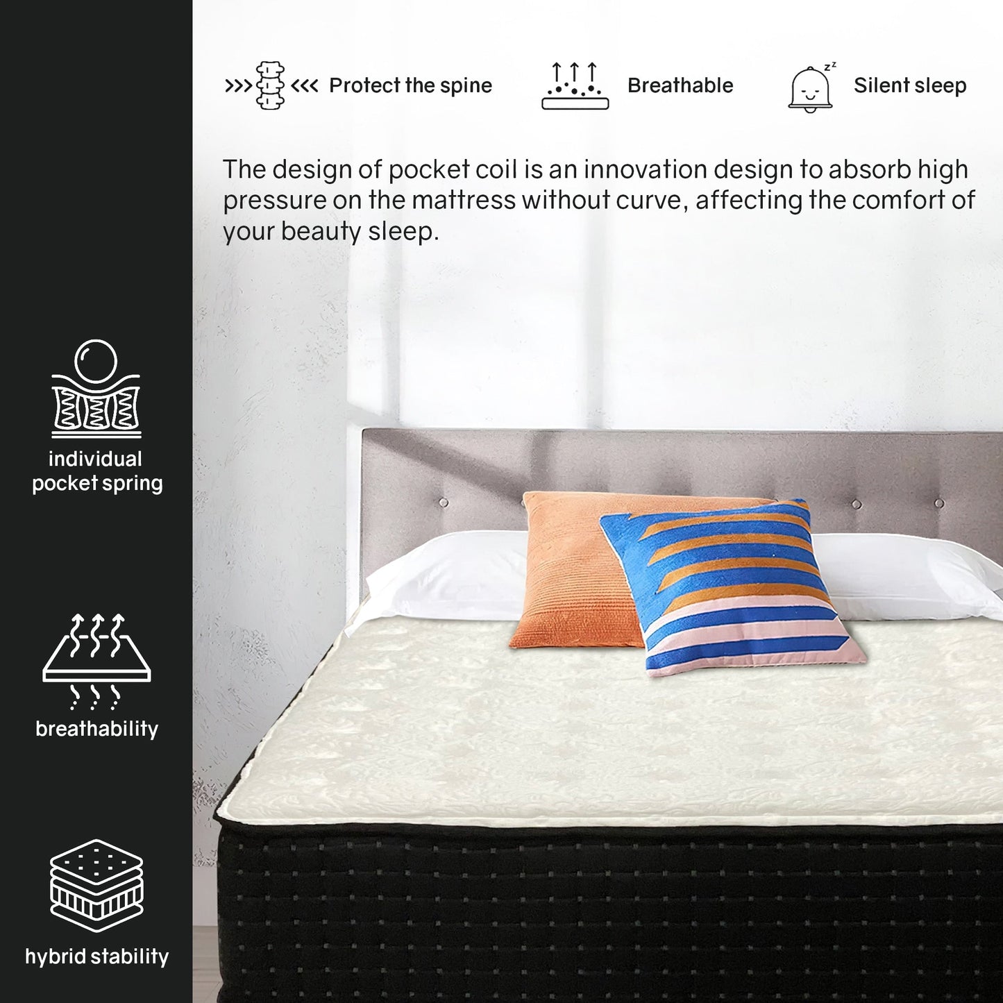 Materasso ibrido di lusso rivestito in schiuma da 14, forte supporto dei bordi, schiuma ad alta densità, 2 soffici trapunte superiori, nero