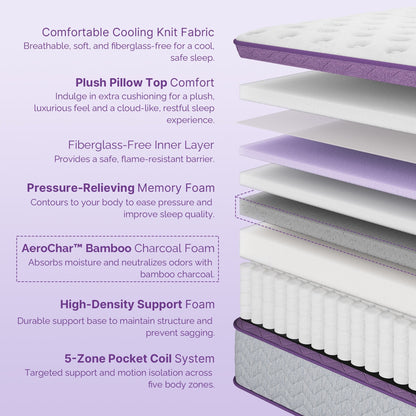 Materasso Pillow Top 14 Medium Firm - Schiuma di carbone di bambù, supporto a 5 zone, certificato CertiPUR-US?