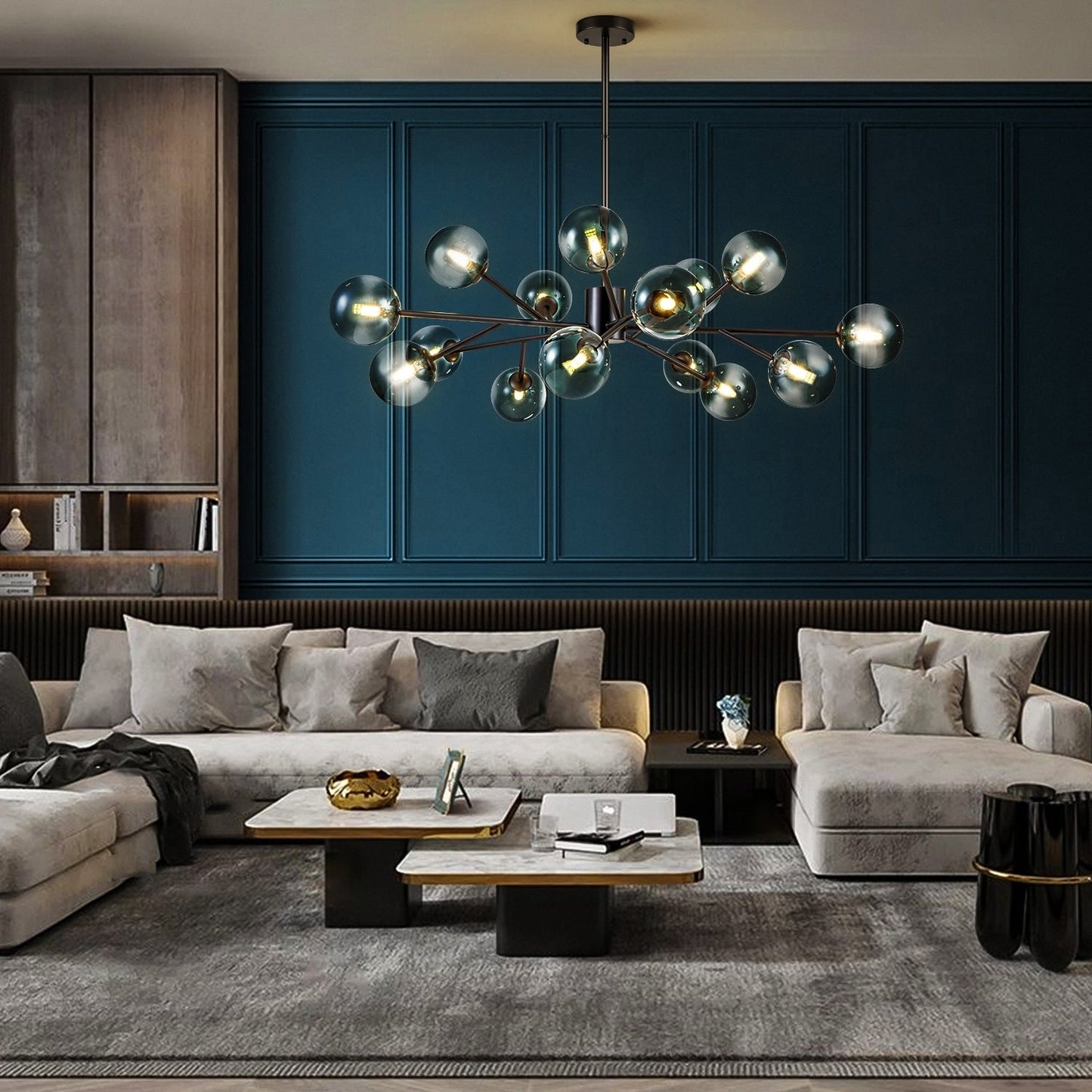 Lampadario a globo in vetro a bolla con 15 luci moderne e lineari Sputnik per isola da cucina