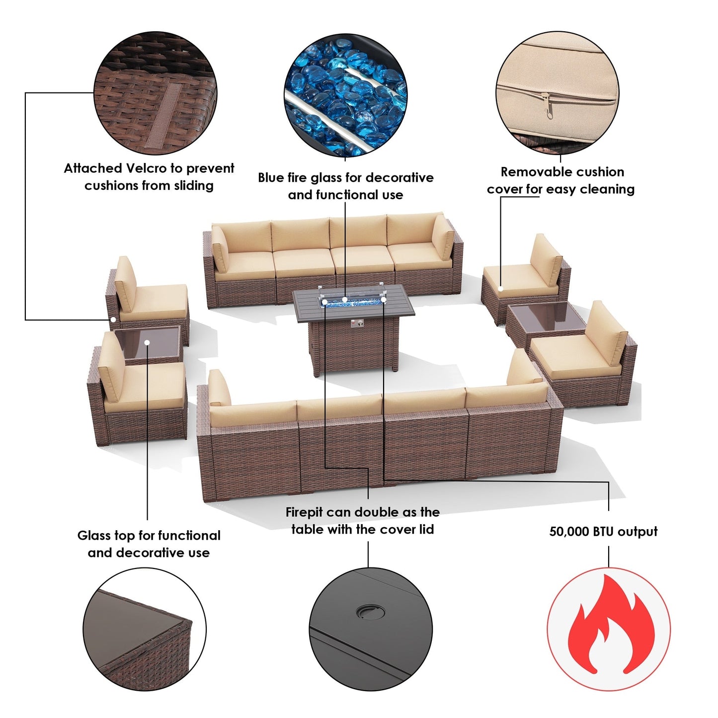 Set di 15 divani da giardino in vimini con braciere e tavolo