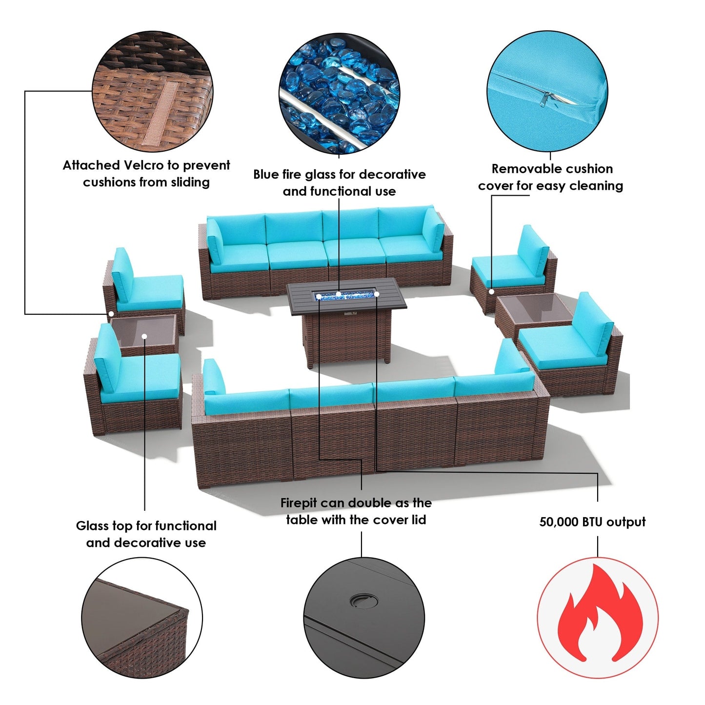 Set di 15 divani da giardino in vimini con braciere e tavolo