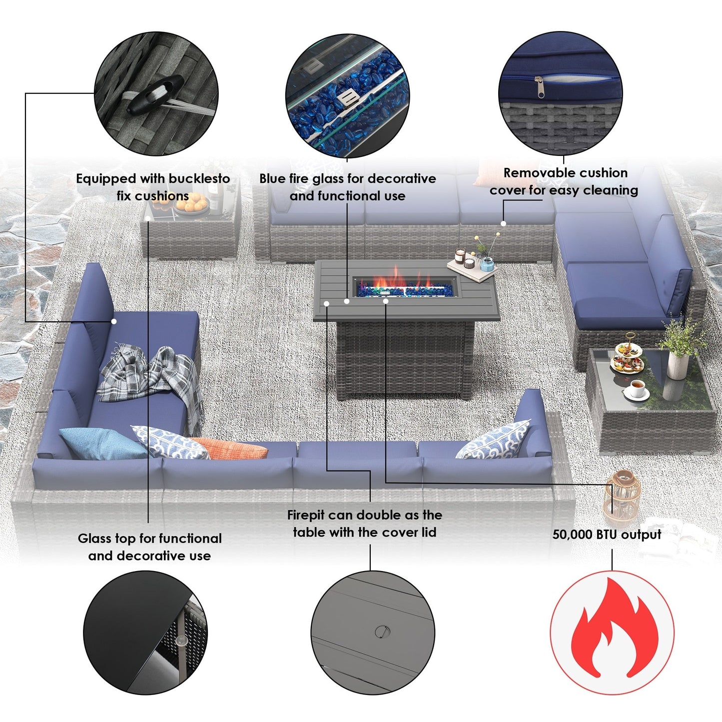 Set di 15 divani da giardino in vimini con braciere e tavolo