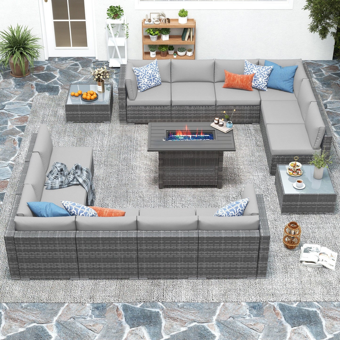 Set di 15 divani da giardino in vimini con braciere e tavolo