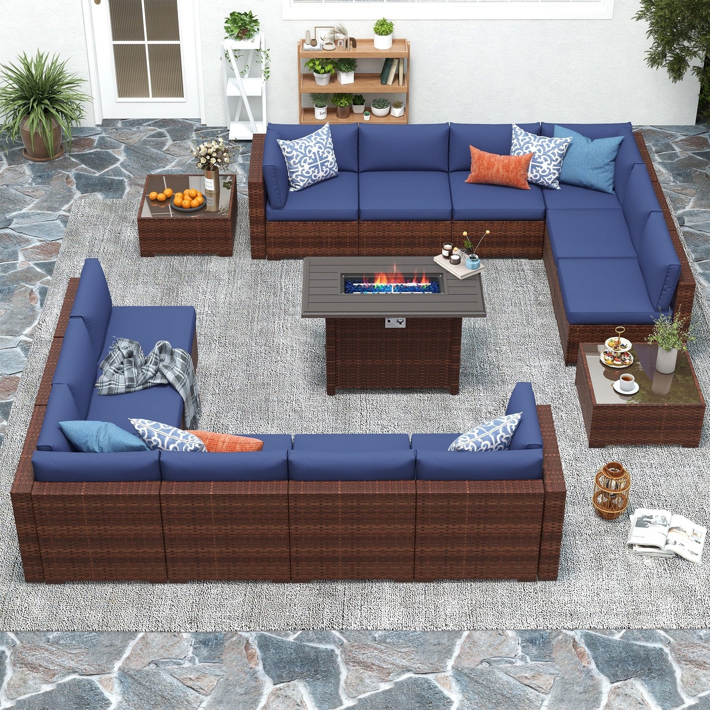 Set di 15 divani da giardino in vimini con braciere e tavolo