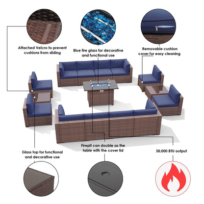 Set di 15 divani da giardino in vimini con braciere e tavolo