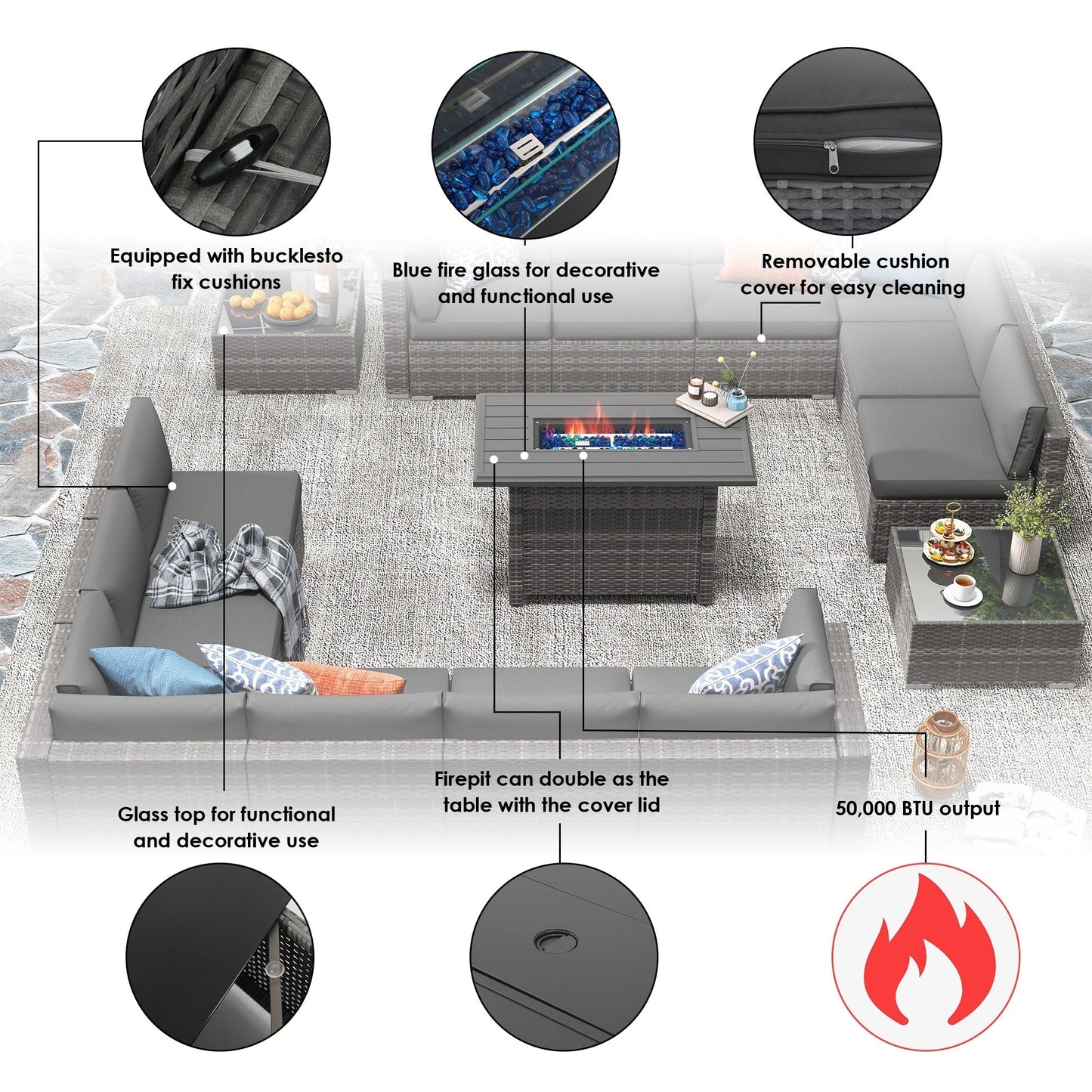 Set di 15 divani da giardino in vimini con braciere e tavolo