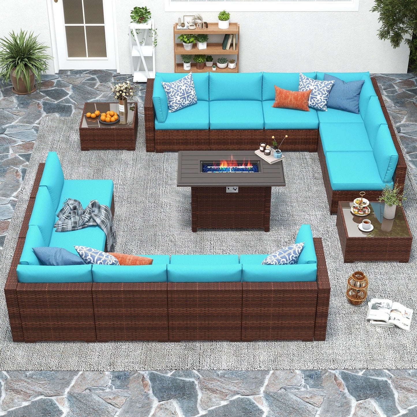 Set di 15 divani da giardino in vimini con braciere e tavolo