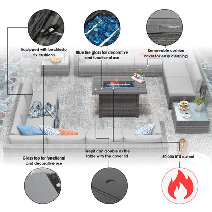 Set di 15 divani da giardino in vimini con braciere e tavolo