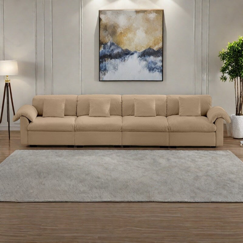 Divano oversize in velluto a 4 posti da 154,7 pollici con cuscini a forma di nuvola e sedili completamente contenitori