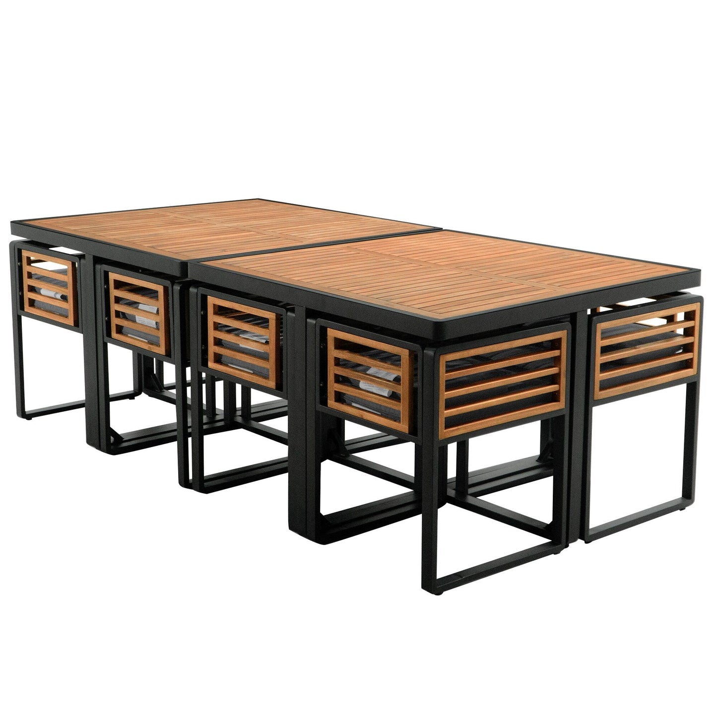 Set da pranzo da giardino in legno di acacia da 18 pezzi, 8 sedie imbottite, 8 pouf e 2 tavoli quadrati