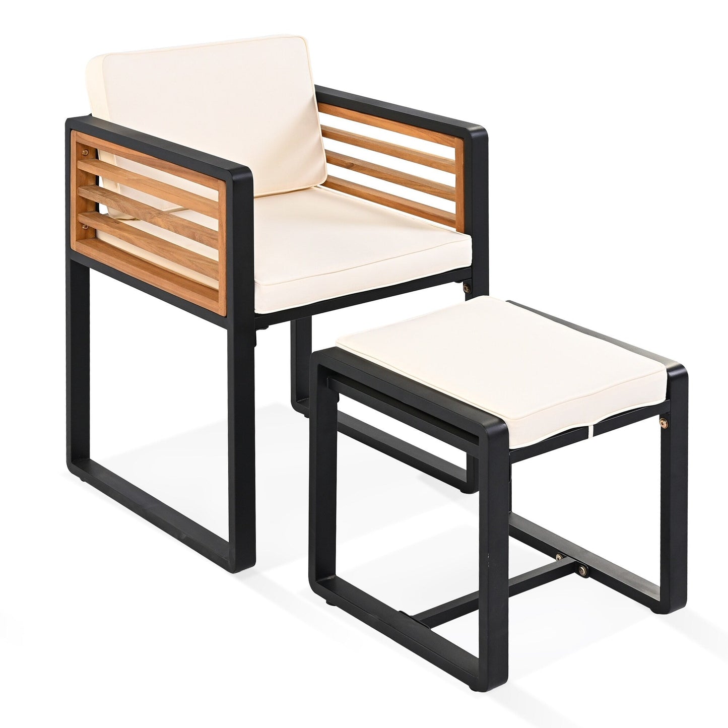 Set da pranzo da giardino in legno di acacia da 18 pezzi, 8 sedie imbottite, 8 pouf e 2 tavoli quadrati