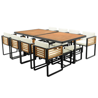 Set da pranzo da giardino in legno di acacia da 18 pezzi, 8 sedie imbottite, 8 pouf e 2 tavoli quadrati