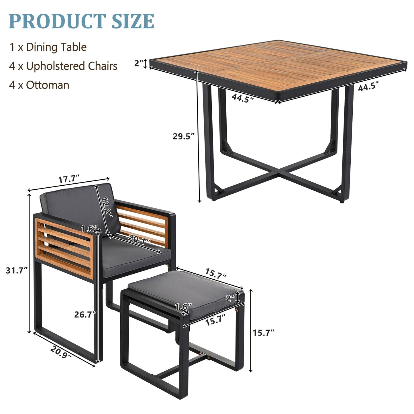 Set da pranzo da giardino in legno di acacia da 18 pezzi, 8 sedie imbottite, 8 pouf e 2 tavoli quadrati