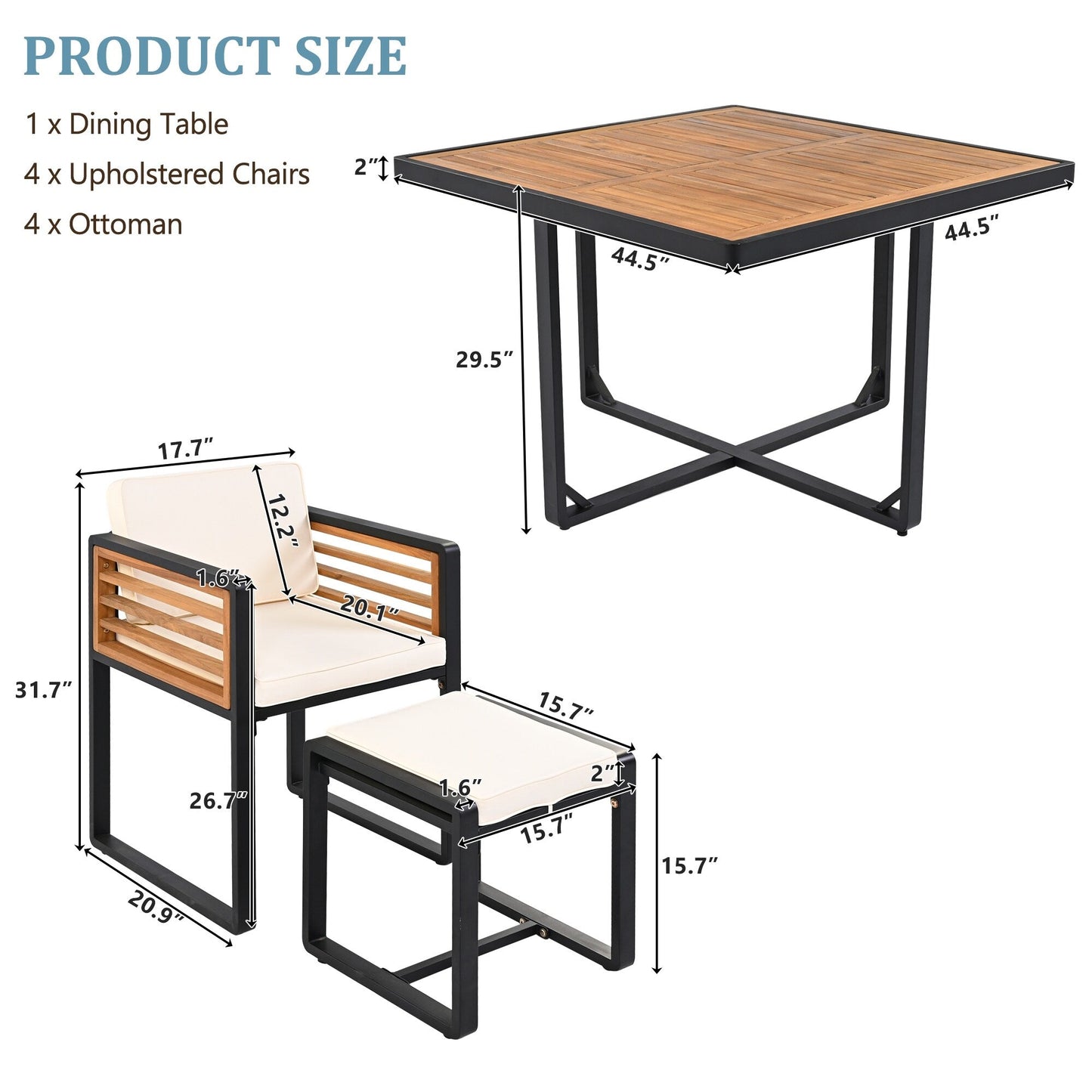 Set da pranzo da giardino in legno di acacia da 18 pezzi, 8 sedie imbottite, 8 pouf e 2 tavoli quadrati