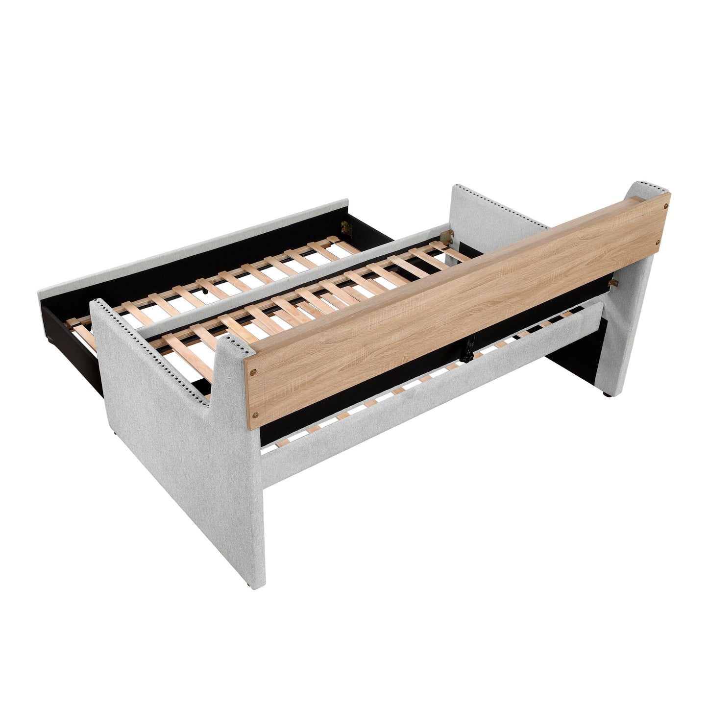 Divano letto grigio chiaro con libreria estraibile, pannello laterale, porte di ricarica, finiture con borchie, mobili dal design moderno