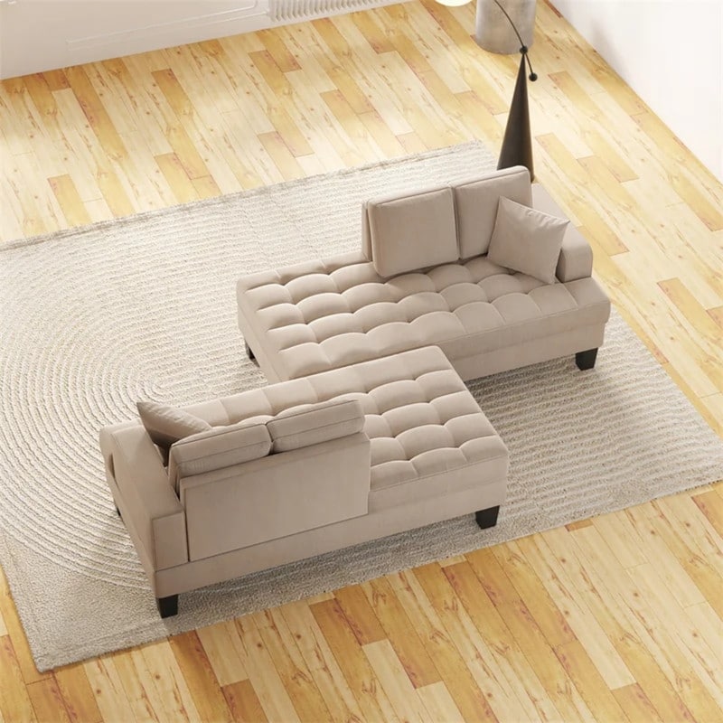 Set da soggiorno 2 pezzi, chaise longue imbottita con trapuntatura profonda e 2 cuscini, grigio caldo