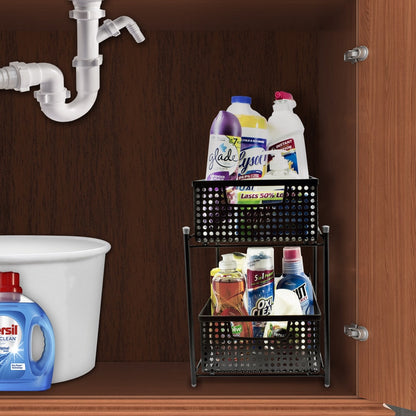 Cestini portaoggetti a 2 livelli con rete scorrevole in acciaio (nero)