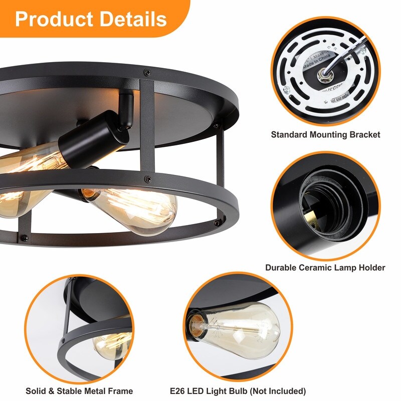 Plafoniera da soffitto a filo stile fattoria nera a 2 luci - Confezione da 2