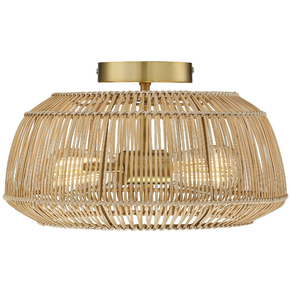 Lampada da soffitto semi-incassata in rattan bohémien a 2 luci - Ottone