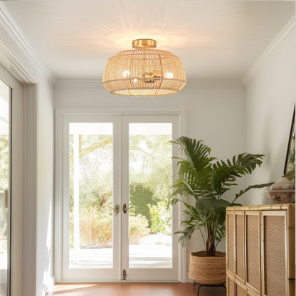 Lampada da soffitto semi-incassata in rattan bohémien a 2 luci - Ottone