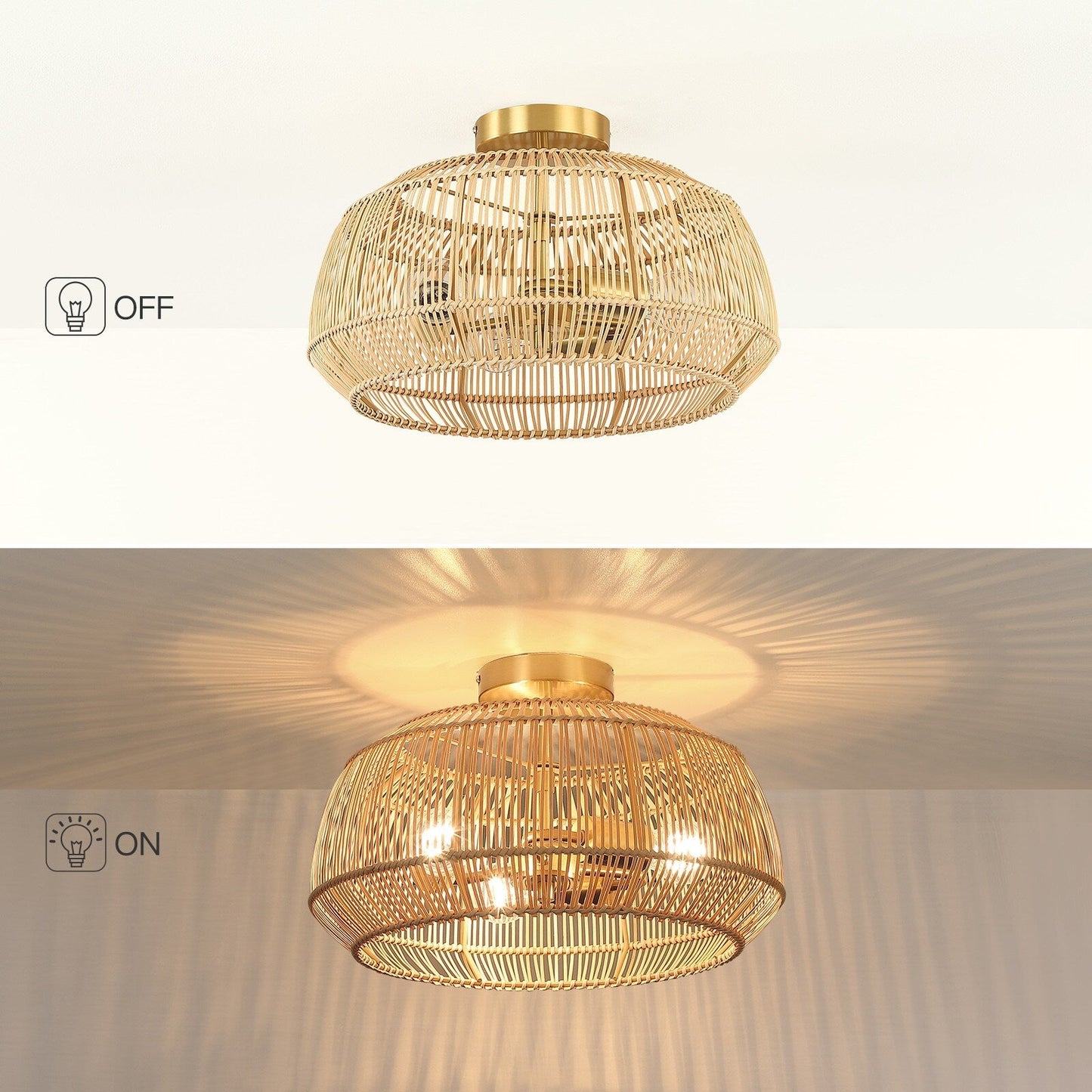 Lampada da soffitto semi-incassata in rattan bohémien a 2 luci - Ottone