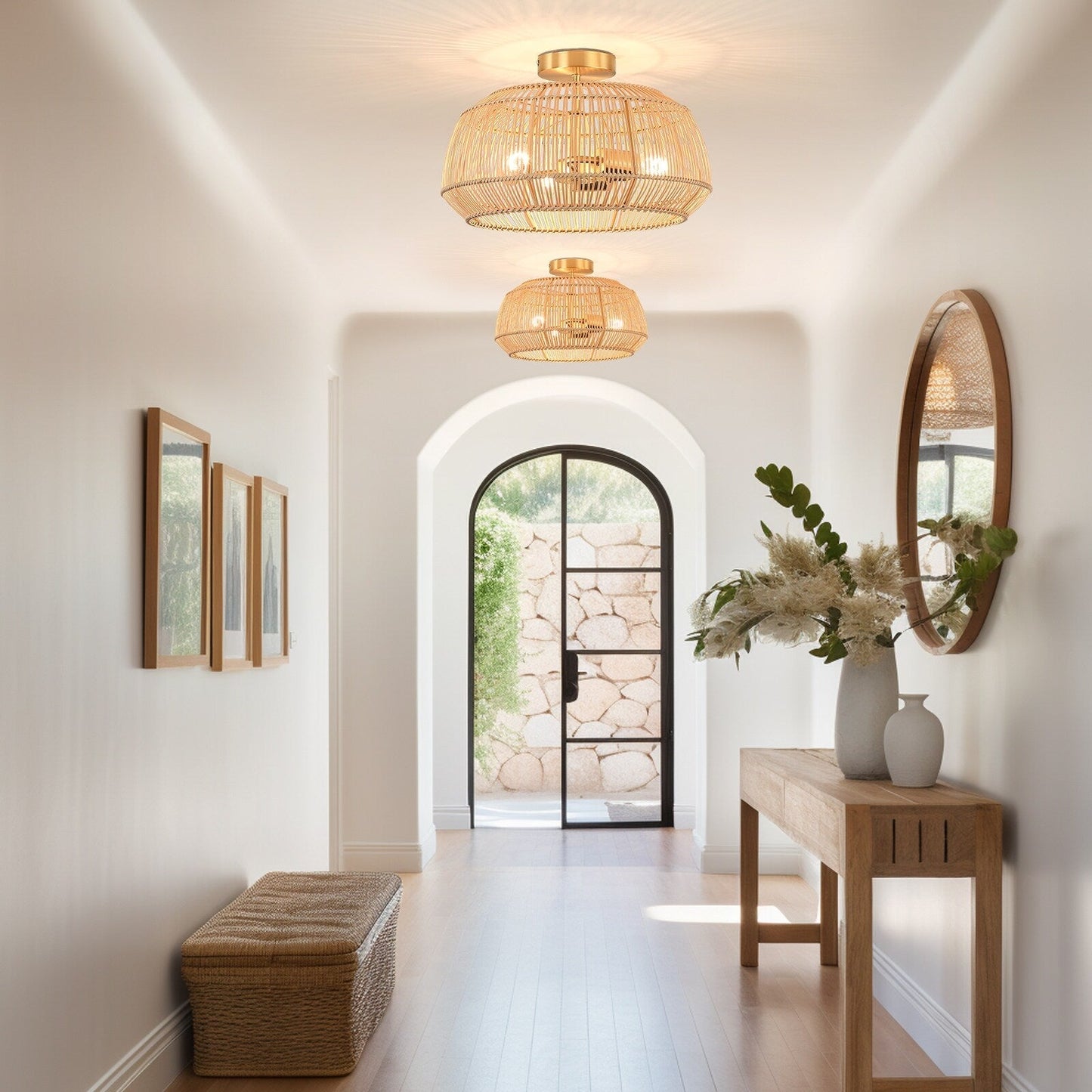 Lampada da soffitto semi-incassata in rattan bohémien a 2 luci - Ottone