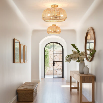 Lampada da soffitto semi-incassata in rattan bohémien a 2 luci - Ottone