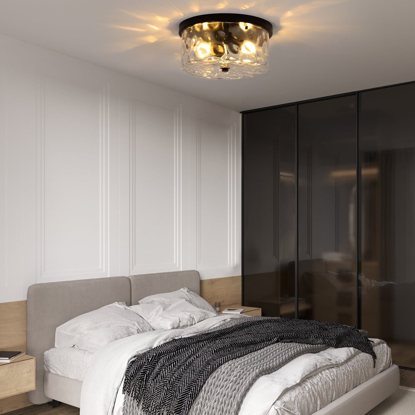 Plafoniera a filo a 2 luci con vetro martellato trasparente