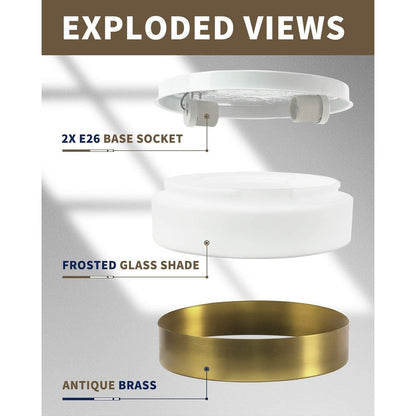 Plafoniera a filo a 2 luci con paralume in vetro smerigliato - 12,0 pollici LX 12,0 pollici WX 3,5 pollici H