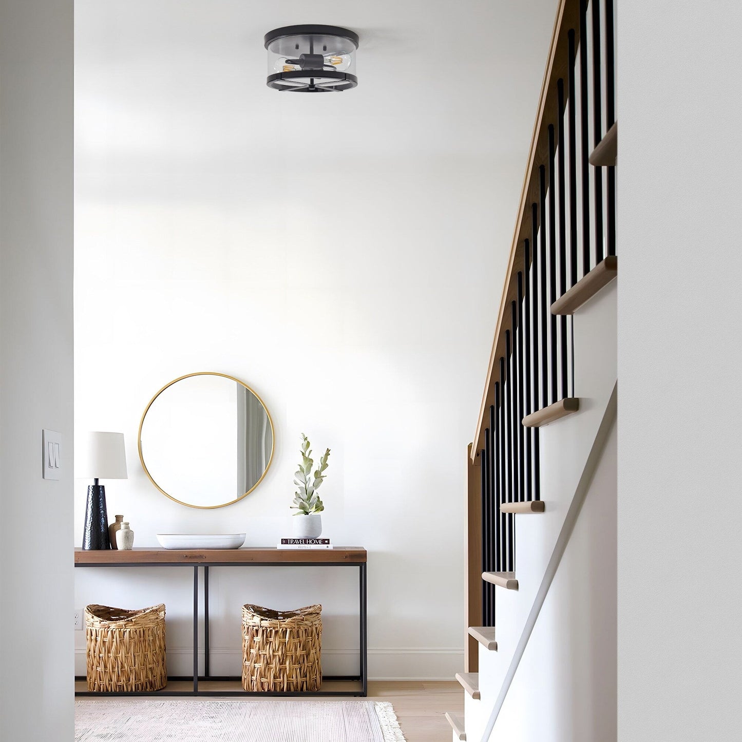 Plafoniera a 2 luci in vetro trasparente con montaggio a filo e struttura in metallo