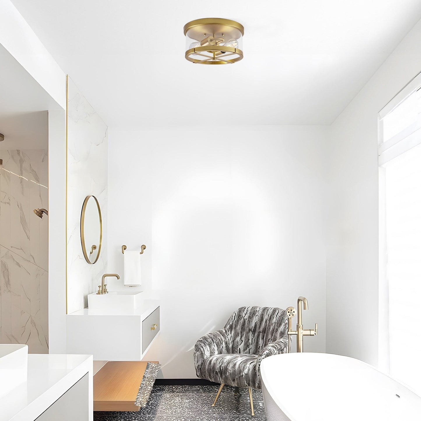 Plafoniera a 2 luci in vetro trasparente con montaggio a filo e struttura in metallo