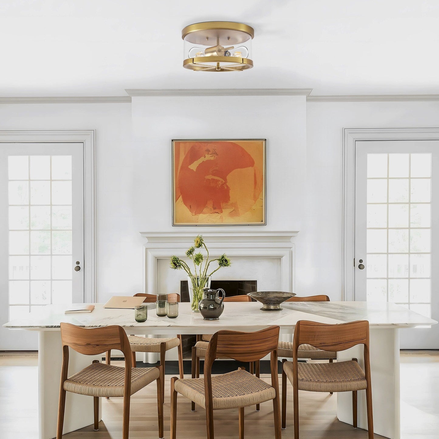 Plafoniera a 2 luci in vetro trasparente con montaggio a filo e struttura in metallo