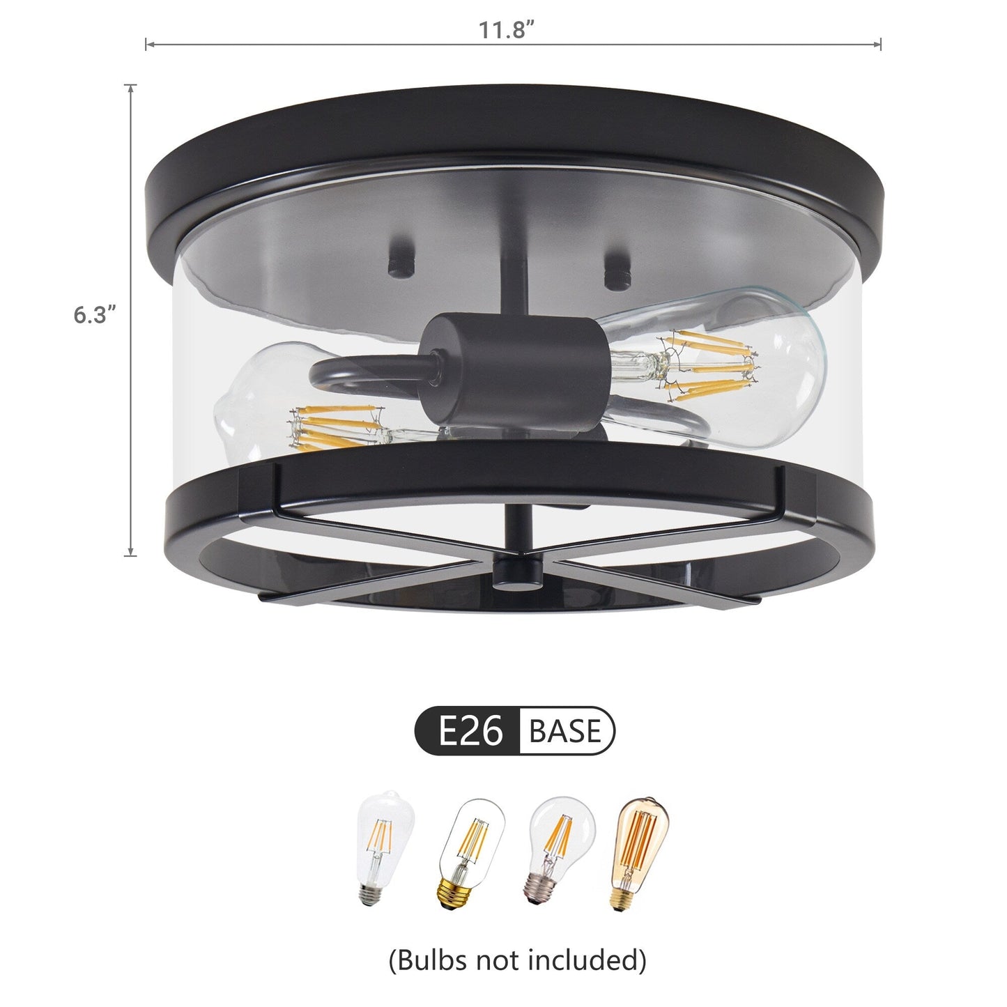 Plafoniera a 2 luci in vetro trasparente con montaggio a filo e struttura in metallo