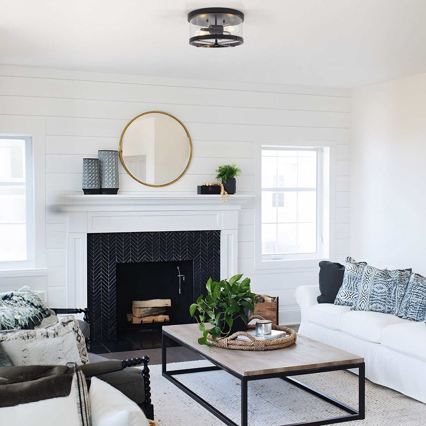 Plafoniera a 2 luci in vetro trasparente con montaggio a filo e struttura in metallo