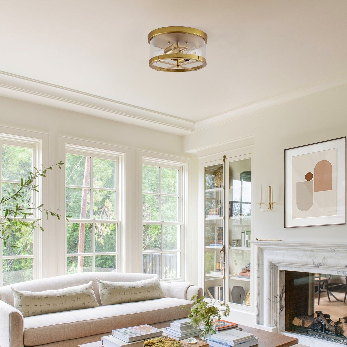 Plafoniera a 2 luci in vetro trasparente con montaggio a filo e struttura in metallo