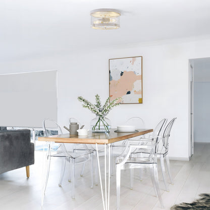 Plafoniera a 2 luci in vetro trasparente con montaggio a filo e struttura in metallo