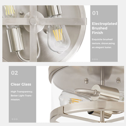 Plafoniera a 2 luci in vetro trasparente con montaggio a filo e struttura in metallo
