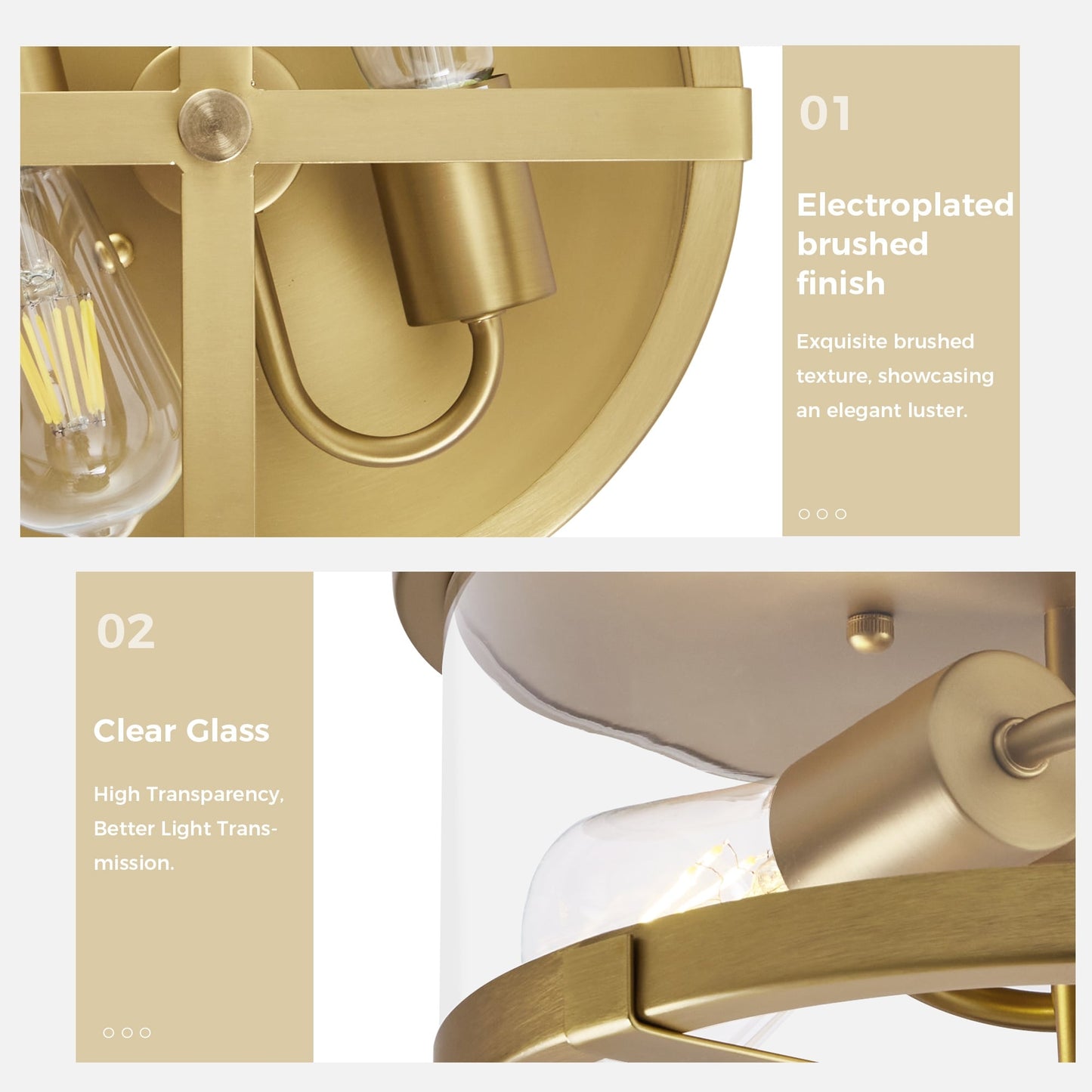 Plafoniera a 2 luci in vetro trasparente con montaggio a filo e struttura in metallo