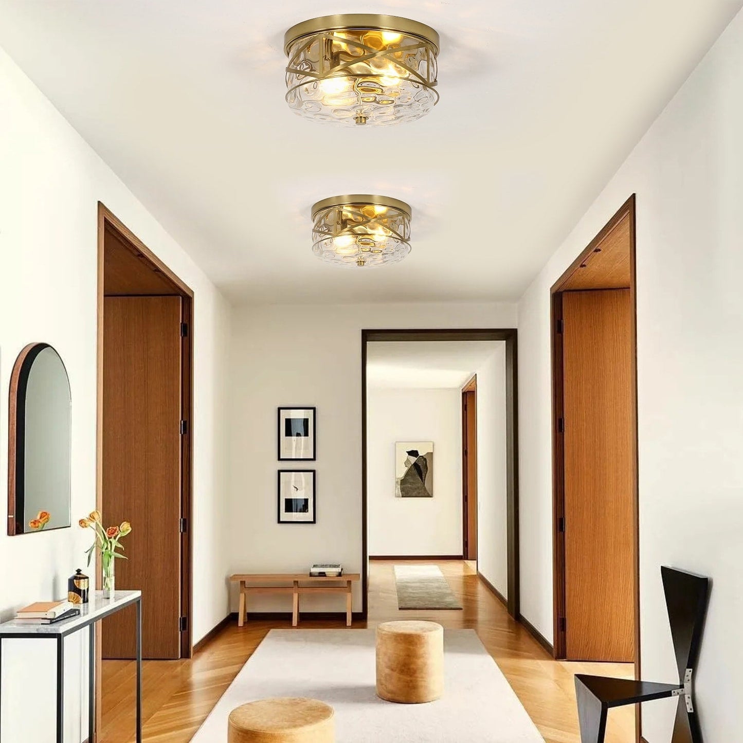 Plafoniera in vetro a 2 luci con montaggio a filo e struttura in metallo