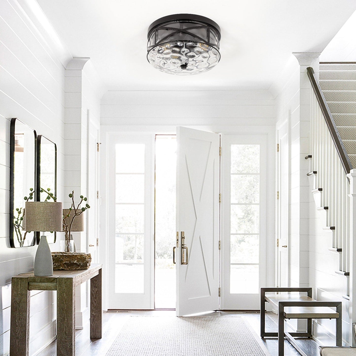 Plafoniera in vetro a 2 luci con montaggio a filo e struttura in metallo