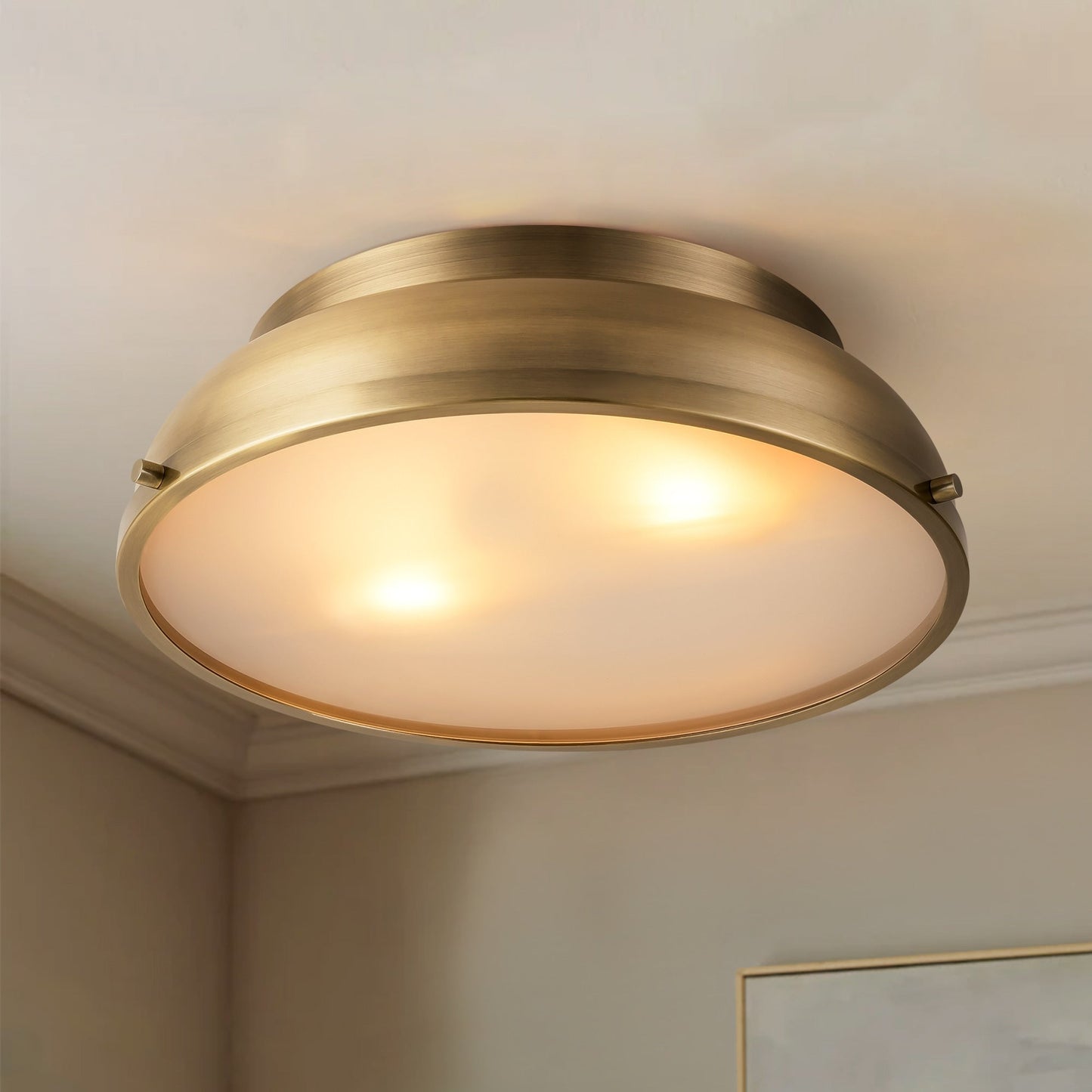Plafoniere a soffitto a filo con cupola cilindrica in vetro smerigliato color bronzo invecchiato, 2 luci, stile Mid-Century Modern - Bronzo invecchiato