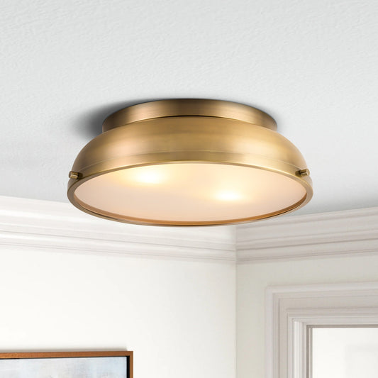 Plafoniere a soffitto a filo con cupola cilindrica in vetro smerigliato color bronzo invecchiato, 2 luci, stile Mid-Century Modern - Bronzo invecchiato