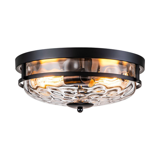 Lampada da soffitto a filo con 2 luci, moderna, industriale, a cupola nera, in vetro trasparente con effetto acqua increspata - 12,9 pollici di larghezza x 5,5 pollici di altezza