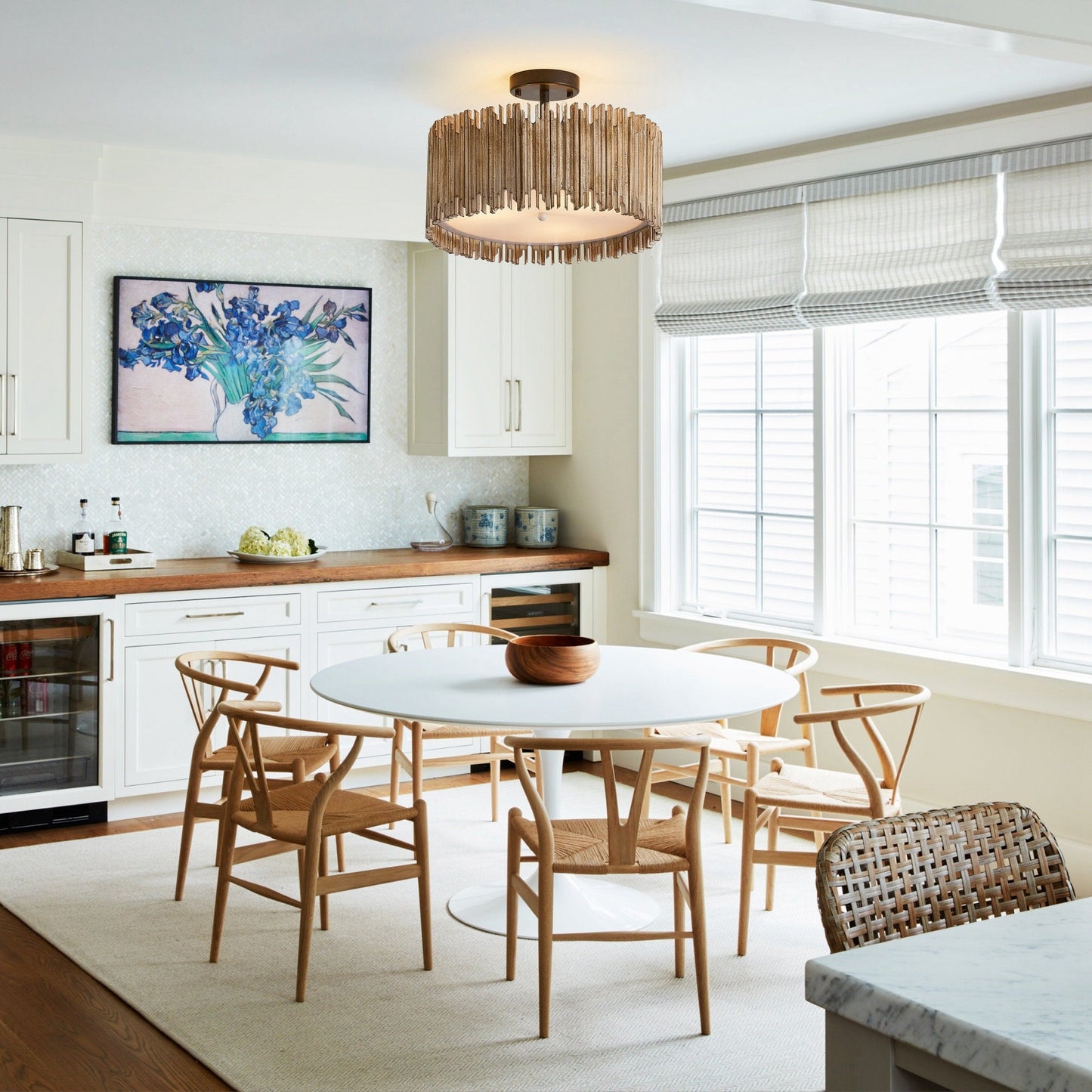 Lampada da soffitto semi-incassata a 3 luci in legno bianco anticato