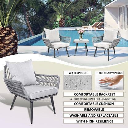 Set di mobili da giardino da 3 pezzi, piccolo set da esterno in vimini e rattan, set da bistrot per veranda anteriore, sedie da giardino, set da conversazione con tavolo in vetro