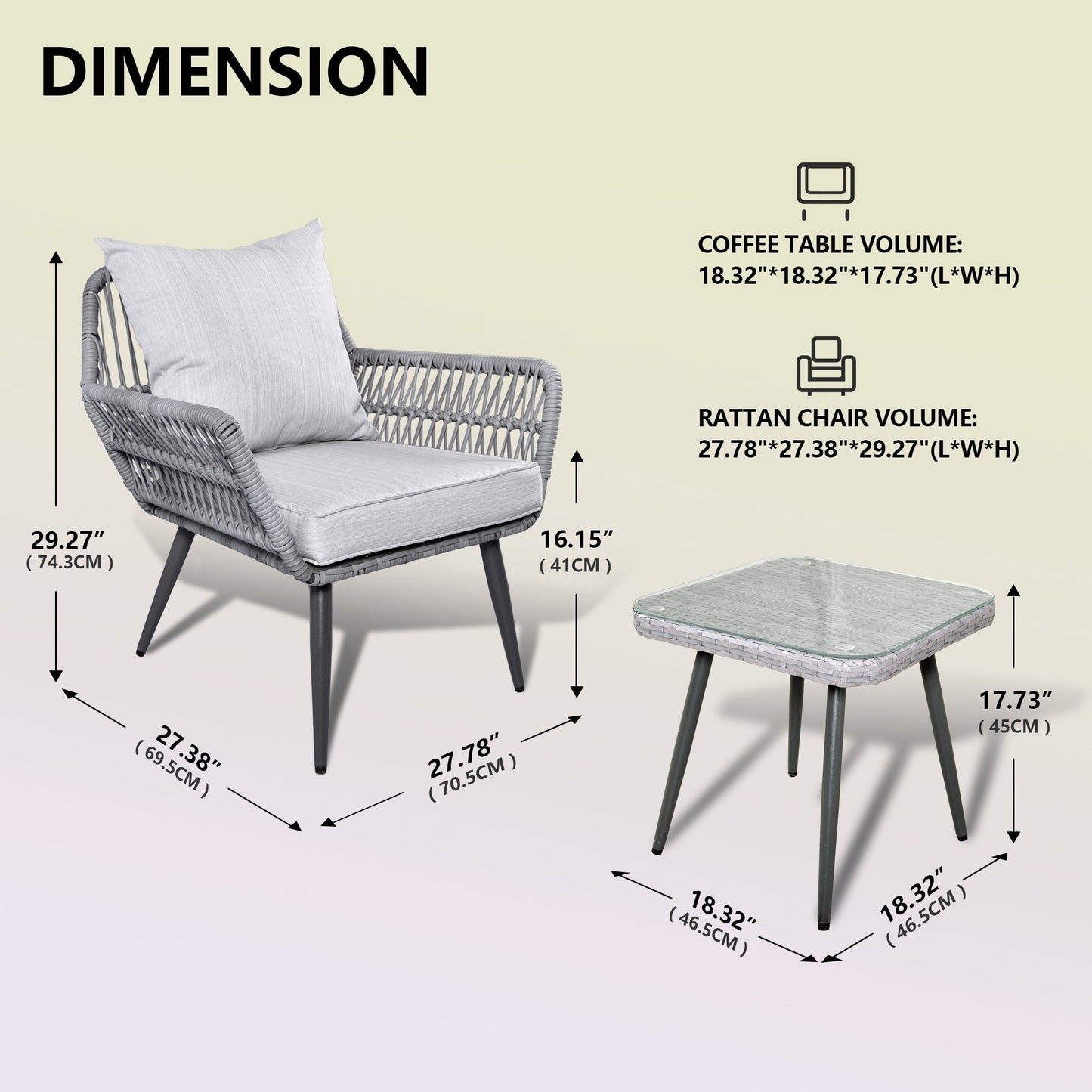 Set di mobili da giardino da 3 pezzi, piccolo set da esterno in vimini e rattan, set da bistrot per veranda anteriore, sedie da giardino, set da conversazione con tavolo in vetro